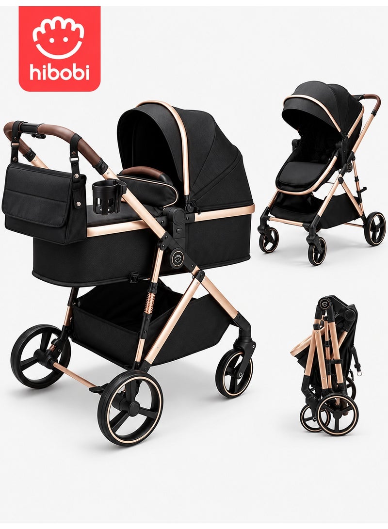 hibobi 2-in-1 Baby Stroller Pram with Mommy Bag & Cup Holder, Bassinet & Toddler Seat, Foldable Baby Pushchair with Aluminum Alloy Frame, Smooth Suspension, 5-Point Safety Harness, Adjustable Canopy, Breathable Mesh Window, Black Gold - Image 1