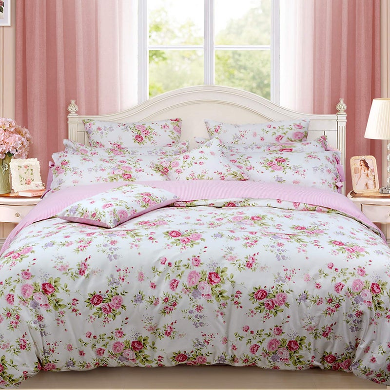 FADFAY Shabby Rose Floral Duvet Cover Pink Plaid Girls Bedding Set 100% Cotton Ultra Soft Bed Sheet Set,5Pcs (1 Duvet Cover +1 Fitted Sheet+ 1 Flat Sheet +2 Standard Pillowcases), Twin Size - Image 1