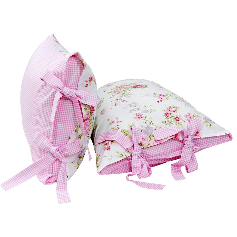 FADFAY Shabby Rose Floral Duvet Cover Pink Plaid Girls Bedding Set 100% Cotton Ultra Soft Bed Sheet Set,5Pcs (1 Duvet Cover +1 Fitted Sheet+ 1 Flat Sheet +2 Standard Pillowcases), Twin Size - Image 3