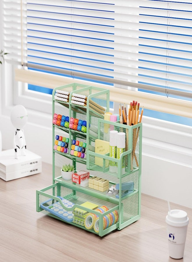 Marbrasse Mesh Pen Holder for Desk, Multi-Functional Pencil Organizer with Drawer, Desk Organizers and Accessories for Office Art Supplies (Green) - Image 4