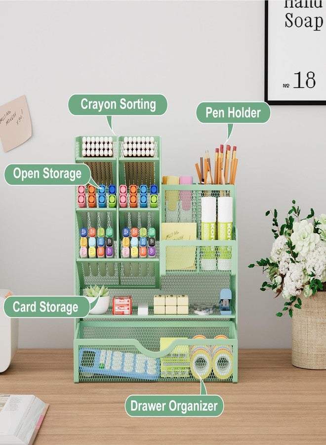 Marbrasse Mesh Pen Holder for Desk, Multi-Functional Pencil Organizer with Drawer, Desk Organizers and Accessories for Office Art Supplies (Green) - Image 2