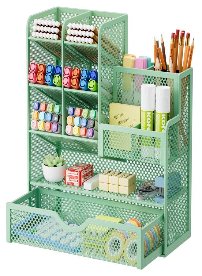 Marbrasse Mesh Pen Holder for Desk, Multi-Functional Pencil Organizer with Drawer, Desk Organizers and Accessories for Office Art Supplies (Green) - Image 1