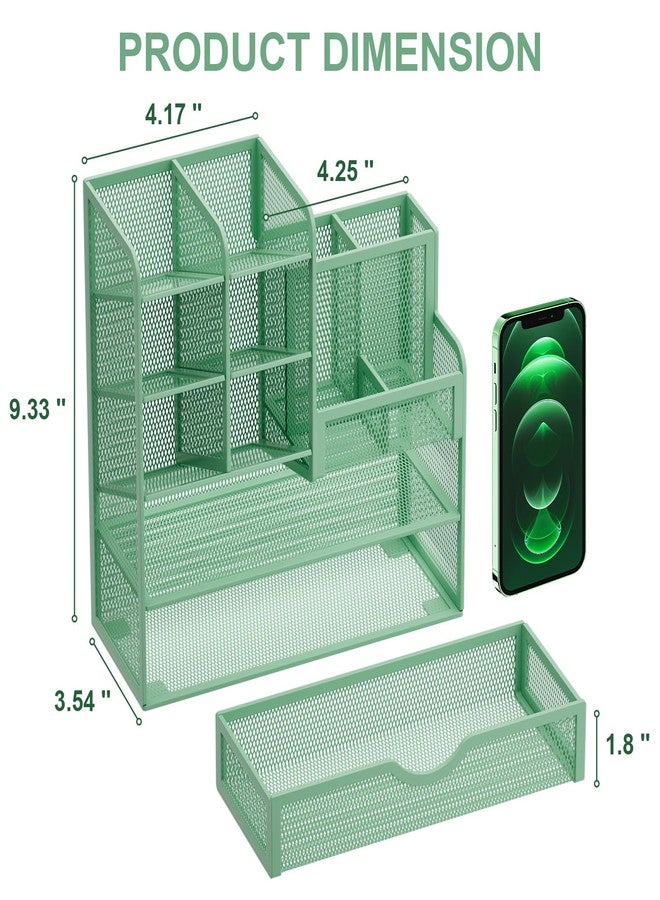 Marbrasse Mesh Pen Holder for Desk, Multi-Functional Pencil Organizer with Drawer, Desk Organizers and Accessories for Office Art Supplies (Green) - Image 5