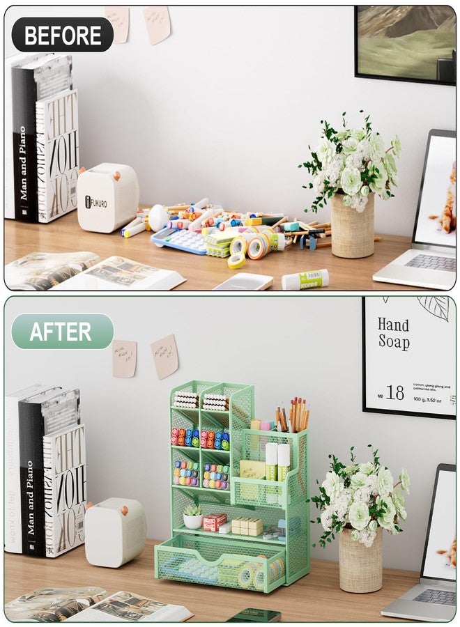 Marbrasse Mesh Pen Holder for Desk, Multi-Functional Pencil Organizer with Drawer, Desk Organizers and Accessories for Office Art Supplies (Green) - Image 3