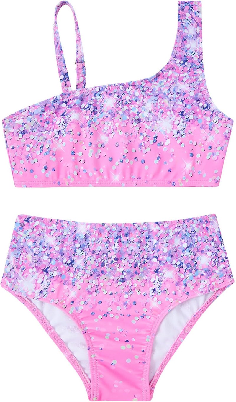 RAISEVERN Girls Bathing Suit 5T 3 Piece Swimsuit Size 6 Adjustable Spaghetti Strap Pink Sparkly Bikini Sets with Ruffle Cover Ups Beach Skirt Cute Quick Dry Tankini Summer Swimwear - Image 3