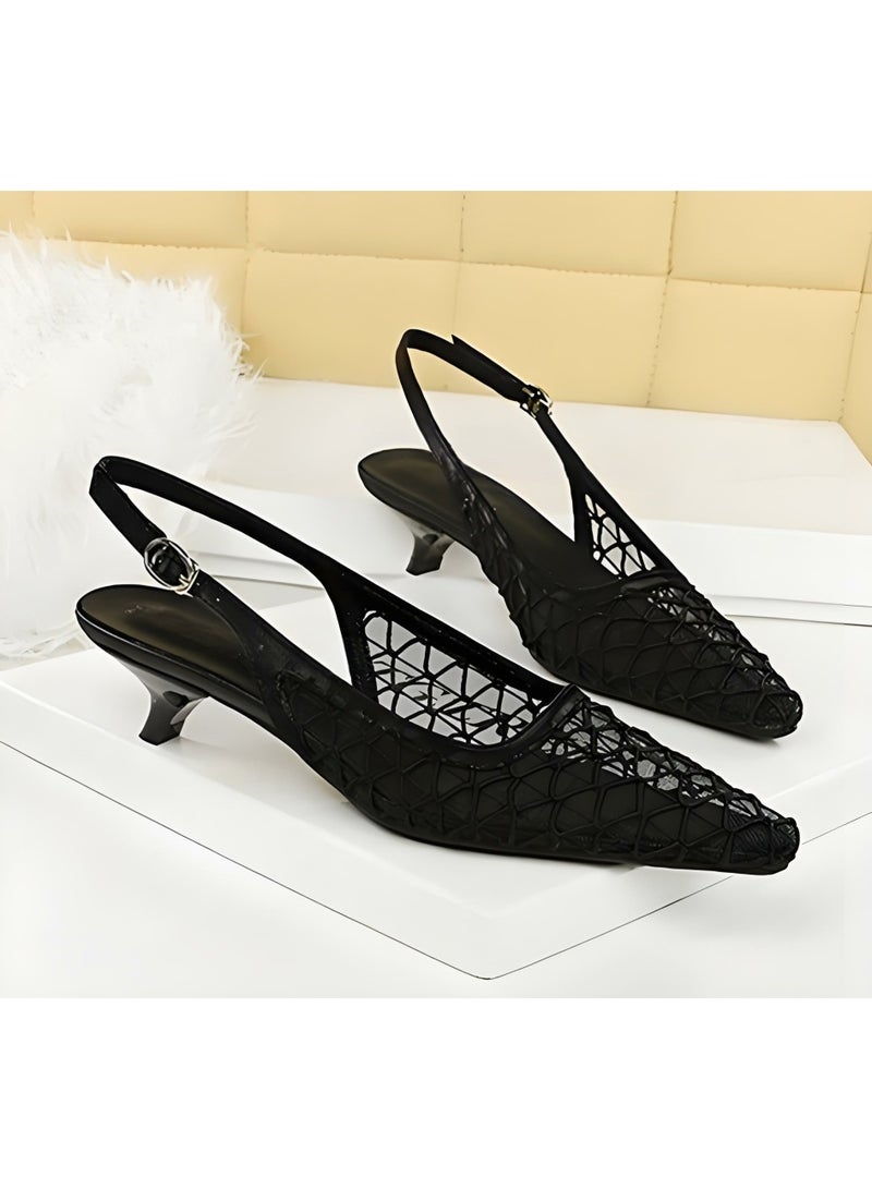 بيج تري النساء شبكة مغلقة أشارت إصبع القدم قطة كعب مضخات كعب منخفضة ساندال أسود 3CM - Image 2