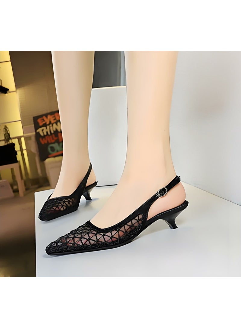 بيج تري النساء شبكة مغلقة أشارت إصبع القدم قطة كعب مضخات كعب منخفضة ساندال أسود 3CM - Image 3