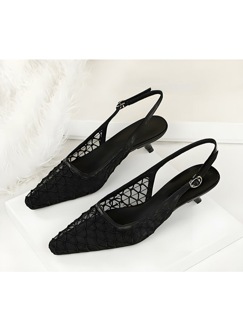 بيج تري النساء شبكة مغلقة أشارت إصبع القدم قطة كعب مضخات كعب منخفضة ساندال أسود 3CM - Image 1