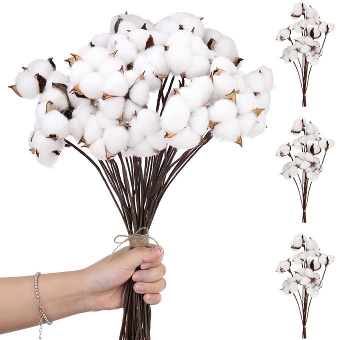 60 Pcs 60 Balls Artificial Cotton Flowers Antique Cotton Stems Farmhouse Decorations Fake Fall Vase Filler White Dried Plant Decor for Home Wedding Party Kitchen DIY Floral Arrangement