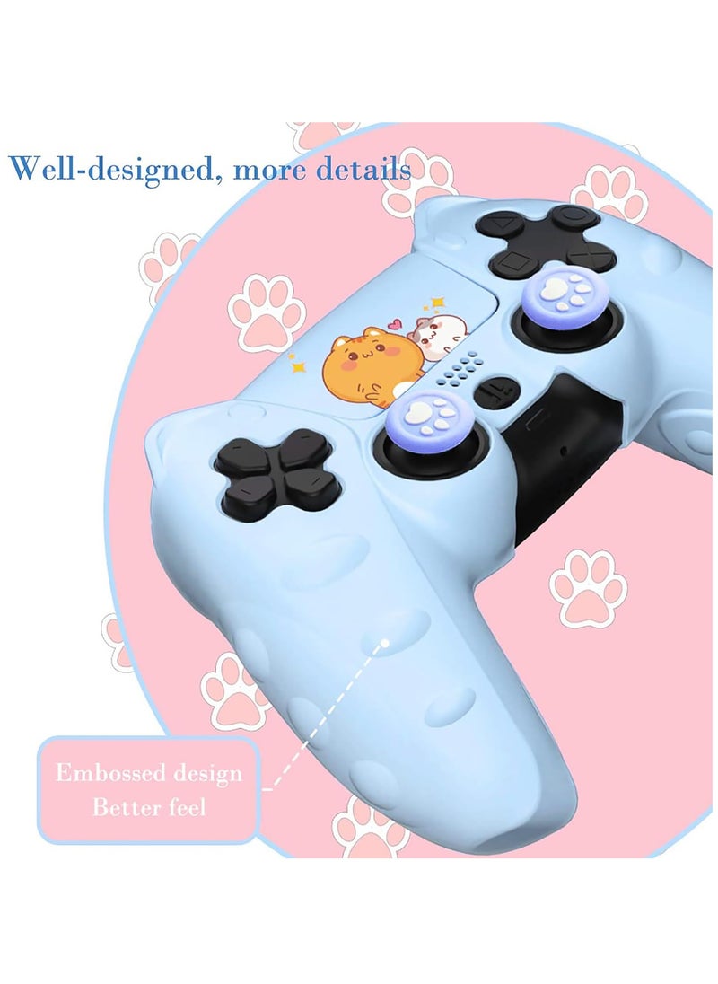 Cute Cat Paw for PS5 Controller Skin Anti-Slip Silicone Protective Cover Case with 2 Thumb Grips Caps and 1 Sticker Kawaii Accessories Set for Playstation 5 DualSense Wireless Controller, Blue