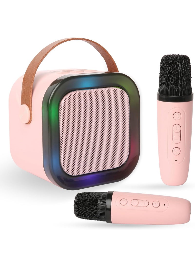 Mini Karaoke Machine, Pink color for Kids Girls, Birthday Gift Toys for Ages 4-8, Portable Speaker with 2 Wireless Microphones for Singing Parties and Outdoor Play