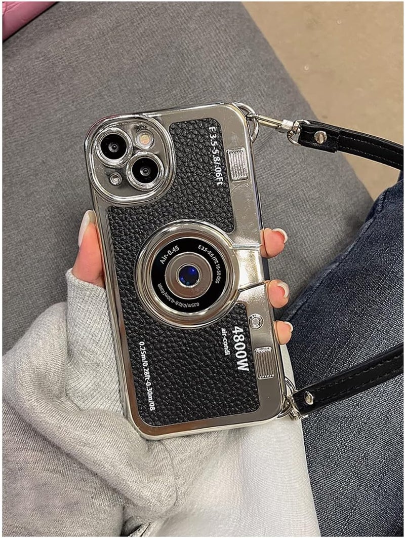 QoKcoahn 3D Vintage Camera Phone Case with Hand Strap - Unique Cool Silicone PC Shockproof Crossbody Protective Case for iPhone 16 Plus-Black - Image 5