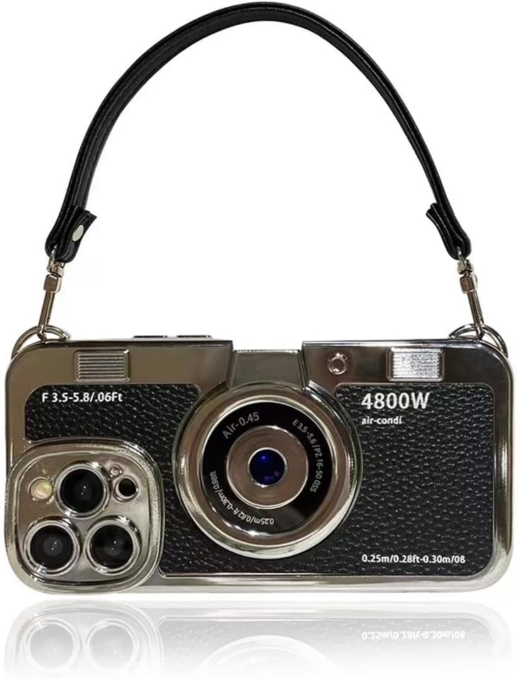 QoKcoahn 3D Vintage Camera Phone Case with Hand Strap - Unique Cool Silicone PC Shockproof Crossbody Protective Case for iPhone 16 Plus-Black - Image 1