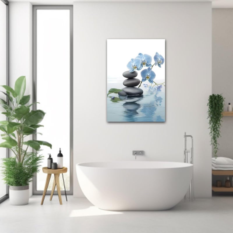 CXHOSTENT Spa Bathroom Wall Art Blue Orchid Flowers and Zen Stones on Water Pictures Print on Canvas Framed Artwork for Yoga Zen Room Decor (Zen-3, 12.00"x18.00") - Image 3