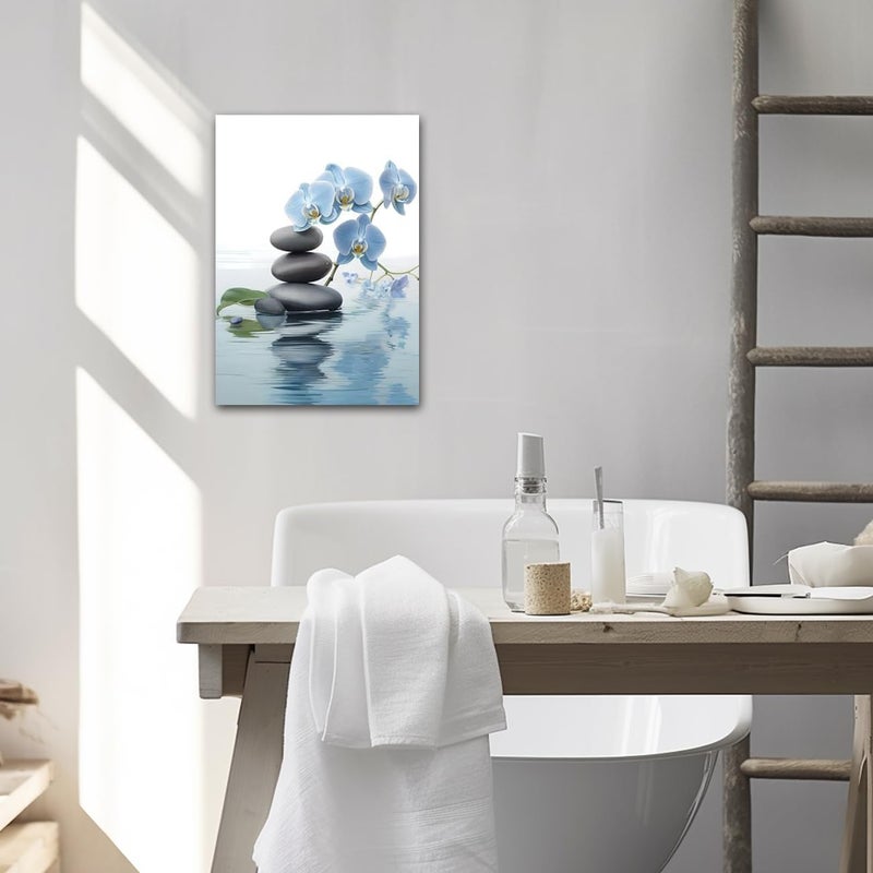 CXHOSTENT Spa Bathroom Wall Art Blue Orchid Flowers and Zen Stones on Water Pictures Print on Canvas Framed Artwork for Yoga Zen Room Decor (Zen-3, 12.00"x18.00") - Image 4
