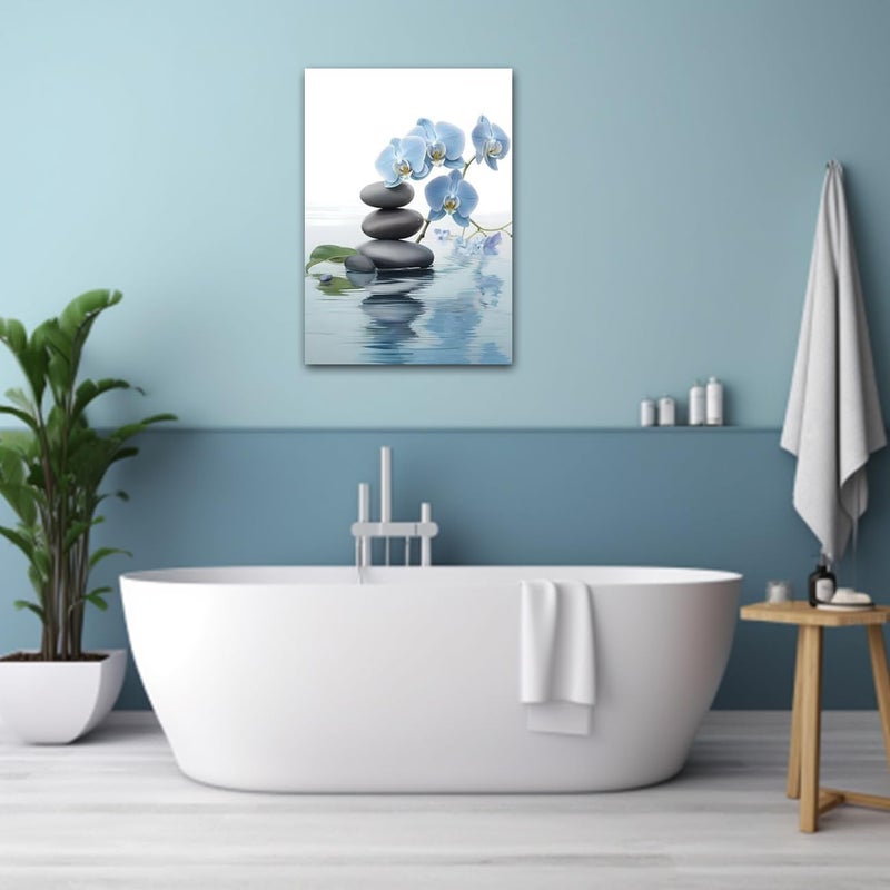 CXHOSTENT Spa Bathroom Wall Art Blue Orchid Flowers and Zen Stones on Water Pictures Print on Canvas Framed Artwork for Yoga Zen Room Decor (Zen-3, 12.00"x18.00") - Image 2