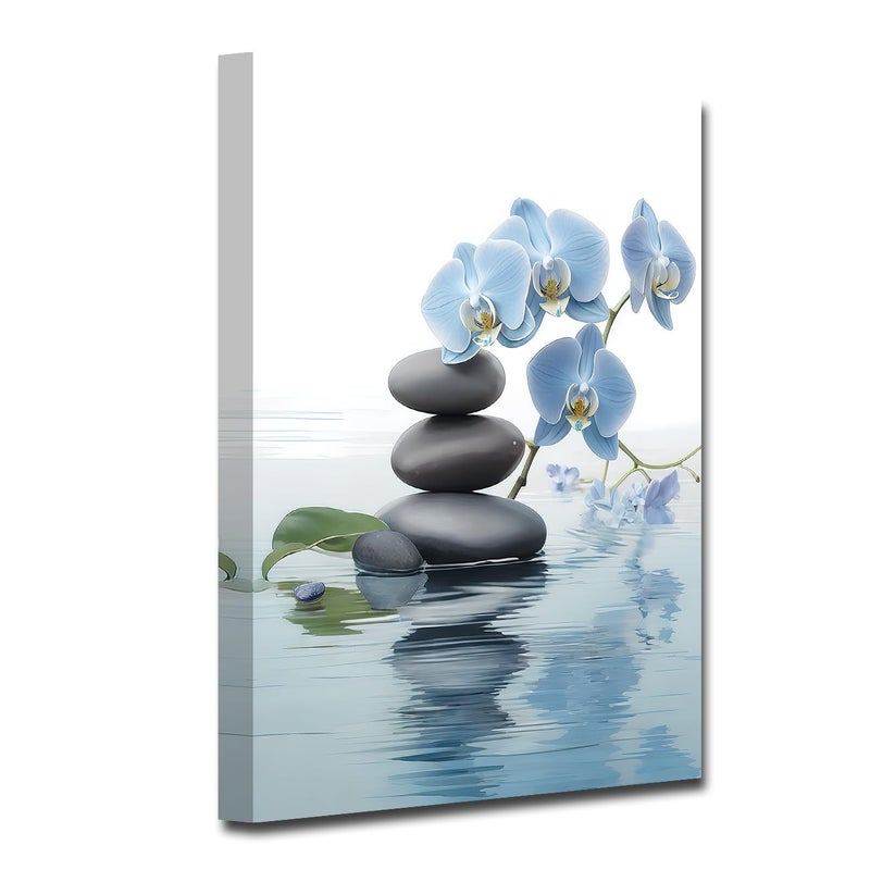 CXHOSTENT Spa Bathroom Wall Art Blue Orchid Flowers and Zen Stones on Water Pictures Print on Canvas Framed Artwork for Yoga Zen Room Decor (Zen-3, 12.00"x18.00") - Image 1