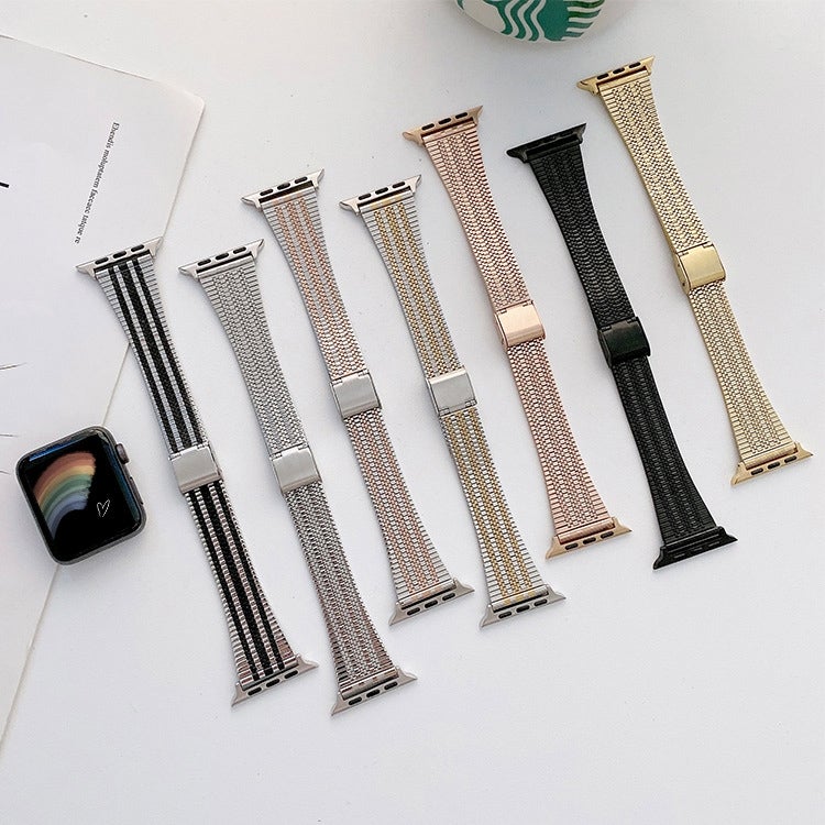 Three Lines Steel Watch Band For Apple Watch Ultra 49mm&Watch Ultra 2 49mm / Series 9&8&7 45mm / SE 3&SE 2&6&SE&5&4 44mm / 3&2&1 42mm(Gold)
