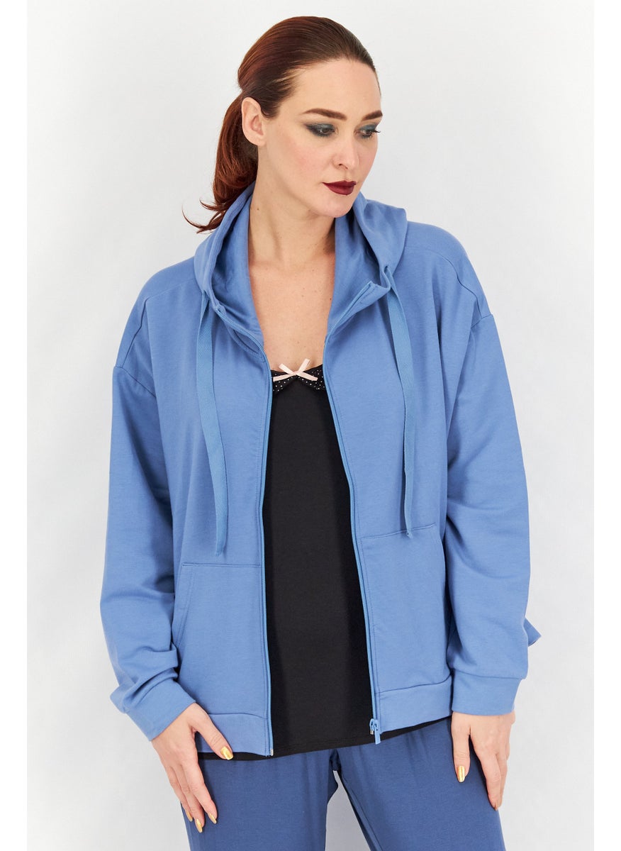 Tchibo Women Hooded Long Sleeve Solid Sweatshirt, Blue  - Image 1