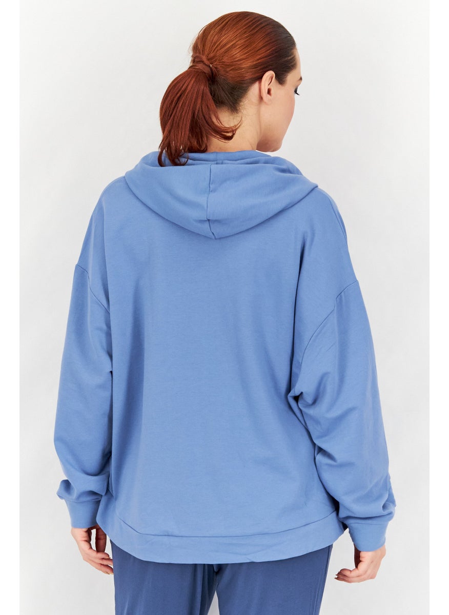 Tchibo Women Hooded Long Sleeve Solid Sweatshirt, Blue  - Image 3