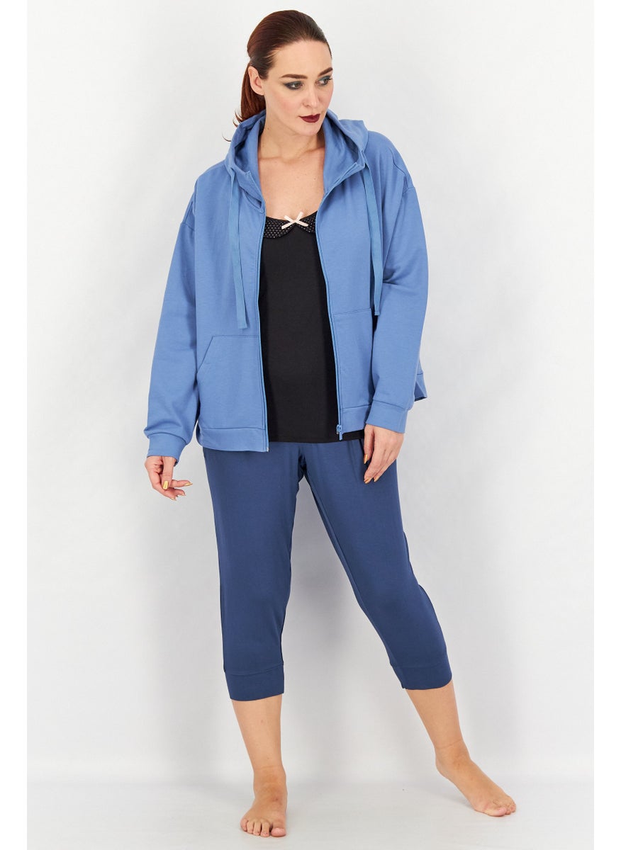 Tchibo Women Hooded Long Sleeve Solid Sweatshirt, Blue  - Image 4