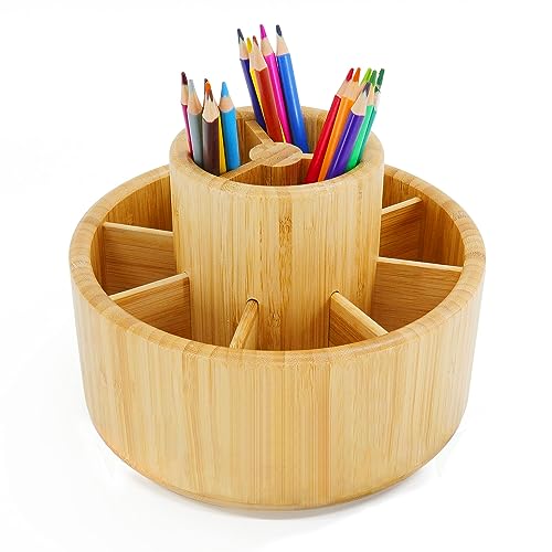 Utoplike Bamboo Rotating Art Supply Desk Organizer, Pencil Holder Organizer, Desktop Storage Caddy for Pen, Colored Pencil, Crayon, Paint Brushes, Art Studio&Office - Image 1