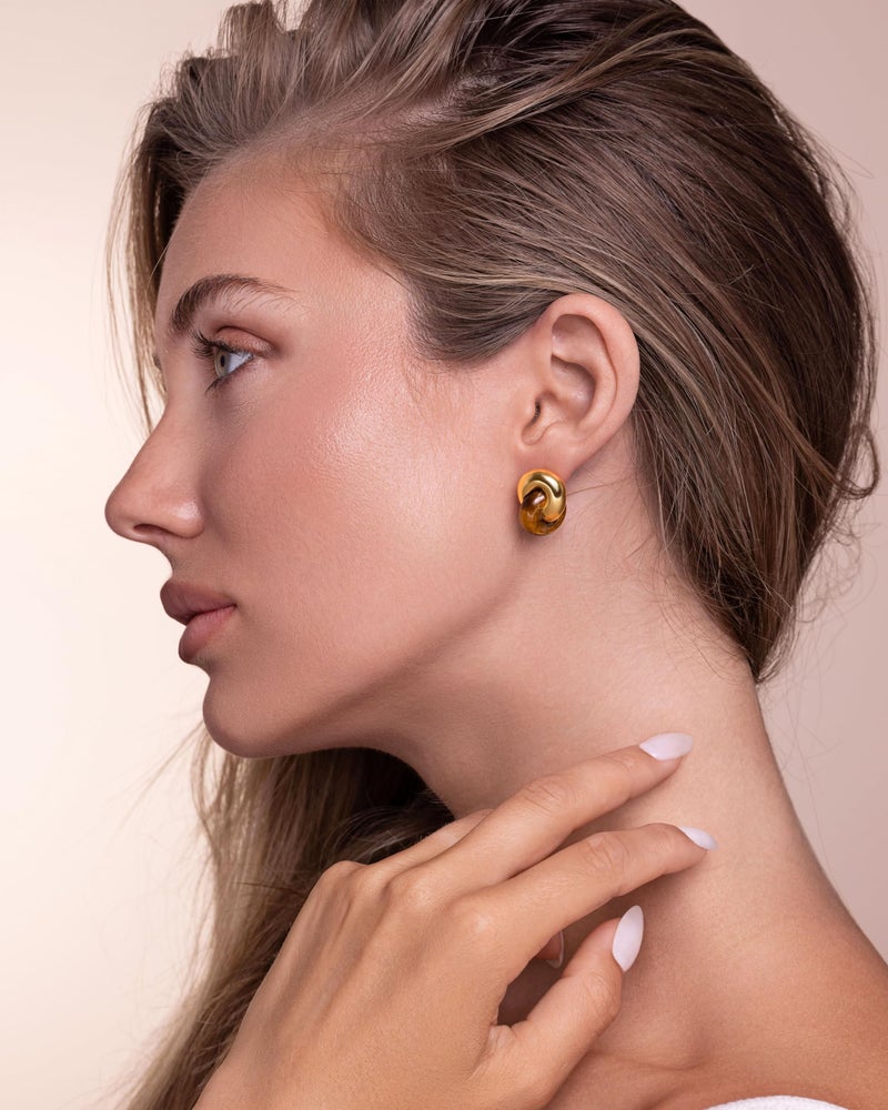 SNGIA Small Twist Interlock Chunky 18K gold plated Gemstone Natural Stone (Brown, Green, Pink, White) Statement Earrings for Women by SNGIA, Dainty Love Knot Tiger Eye Amber Jade Tourmaline Bold Handmade Exaggerated Dome Retro Rounded Button Half Ball Trendy Bohemian Jewelry Gifts, Unique Baroque Circle Stone Summer Beach Fashion Earrings Accessories, Round Thick Circular Nickle Free Huggies Earrings. (Tiger Eye) - Image 2