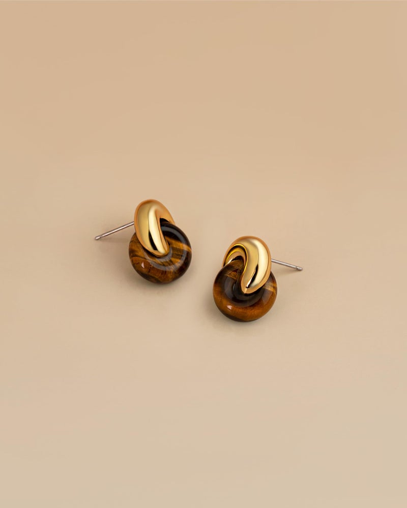 SNGIA Small Twist Interlock Chunky 18K gold plated Gemstone Natural Stone (Brown, Green, Pink, White) Statement Earrings for Women by SNGIA, Dainty Love Knot Tiger Eye Amber Jade Tourmaline Bold Handmade Exaggerated Dome Retro Rounded Button Half Ball Trendy Bohemian Jewelry Gifts, Unique Baroque Circle Stone Summer Beach Fashion Earrings Accessories, Round Thick Circular Nickle Free Huggies Earrings. (Tiger Eye) - Image 3