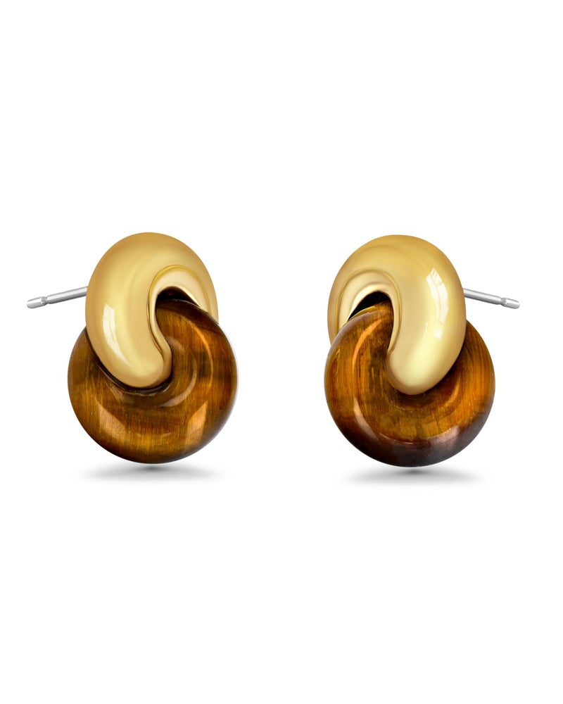 SNGIA Small Twist Interlock Chunky 18K gold plated Gemstone Natural Stone (Brown, Green, Pink, White) Statement Earrings for Women by SNGIA, Dainty Love Knot Tiger Eye Amber Jade Tourmaline Bold Handmade Exaggerated Dome Retro Rounded Button Half Ball Trendy Bohemian Jewelry Gifts, Unique Baroque Circle Stone Summer Beach Fashion Earrings Accessories, Round Thick Circular Nickle Free Huggies Earrings. (Tiger Eye) - Image 1