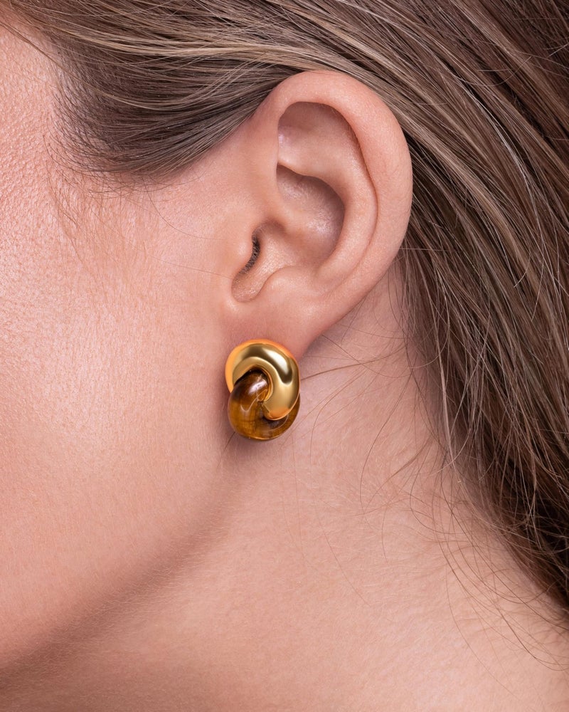 SNGIA Small Twist Interlock Chunky 18K gold plated Gemstone Natural Stone (Brown, Green, Pink, White) Statement Earrings for Women by SNGIA, Dainty Love Knot Tiger Eye Amber Jade Tourmaline Bold Handmade Exaggerated Dome Retro Rounded Button Half Ball Trendy Bohemian Jewelry Gifts, Unique Baroque Circle Stone Summer Beach Fashion Earrings Accessories, Round Thick Circular Nickle Free Huggies Earrings. (Tiger Eye) - Image 4