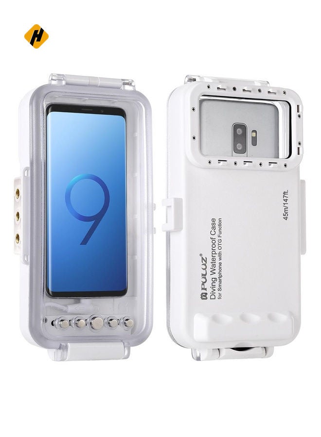 PULUZ 45m/147ft Waterproof Diving Case Photo Video Taking Underwater Housing Cover for iPhone 16 / 16 Pro / 15 / 15 Pro, Galaxy, Huawei, Xiaomi, Google Android OTG Smartphones with Type-C Port(White)