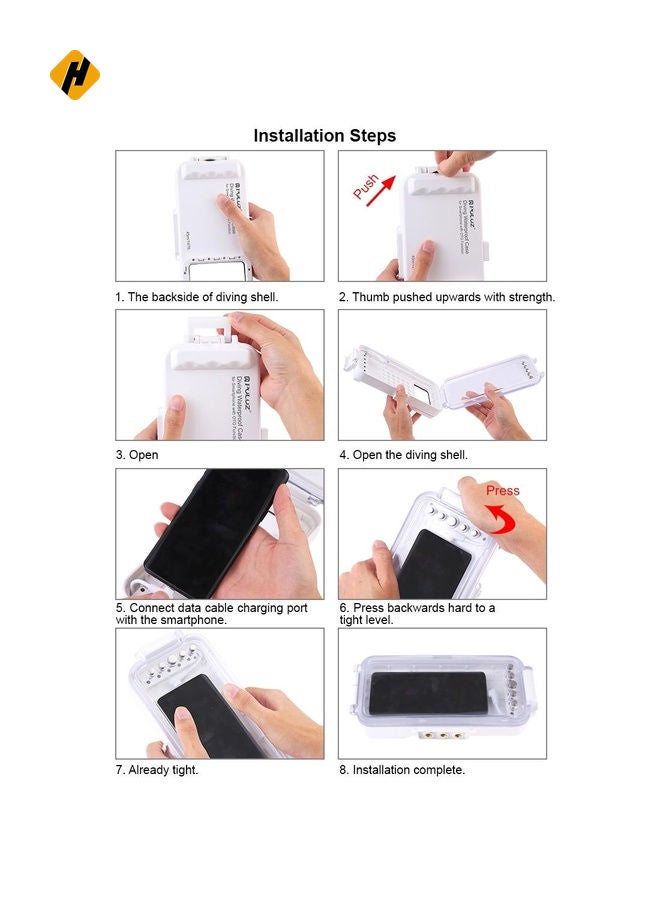 PULUZ 45m/147ft Waterproof Diving Case Photo Video Taking Underwater Housing Cover for iPhone 16 / 16 Pro / 15 / 15 Pro, Galaxy, Huawei, Xiaomi, Google Android OTG Smartphones with Type-C Port(White)