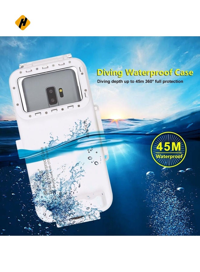 PULUZ 45m/147ft Waterproof Diving Case Photo Video Taking Underwater Housing Cover for iPhone 16 / 16 Pro / 15 / 15 Pro, Galaxy, Huawei, Xiaomi, Google Android OTG Smartphones with Type-C Port(White)