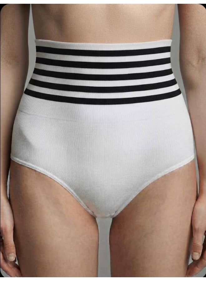 Women's High Waist Seamless Shapewear Brief - Tummy Control Corset Panty with Striped Elastic Waistband - White - Free Size - Image 2