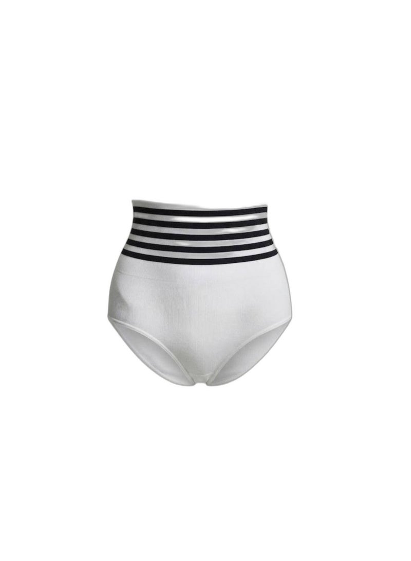 Women's High Waist Seamless Shapewear Brief - Tummy Control Corset Panty with Striped Elastic Waistband - White - Free Size - Image 1