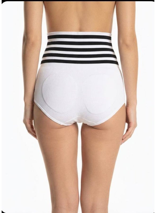 Women's High Waist Seamless Shapewear Brief - Tummy Control Corset Panty with Striped Elastic Waistband - White - Free Size - Image 3