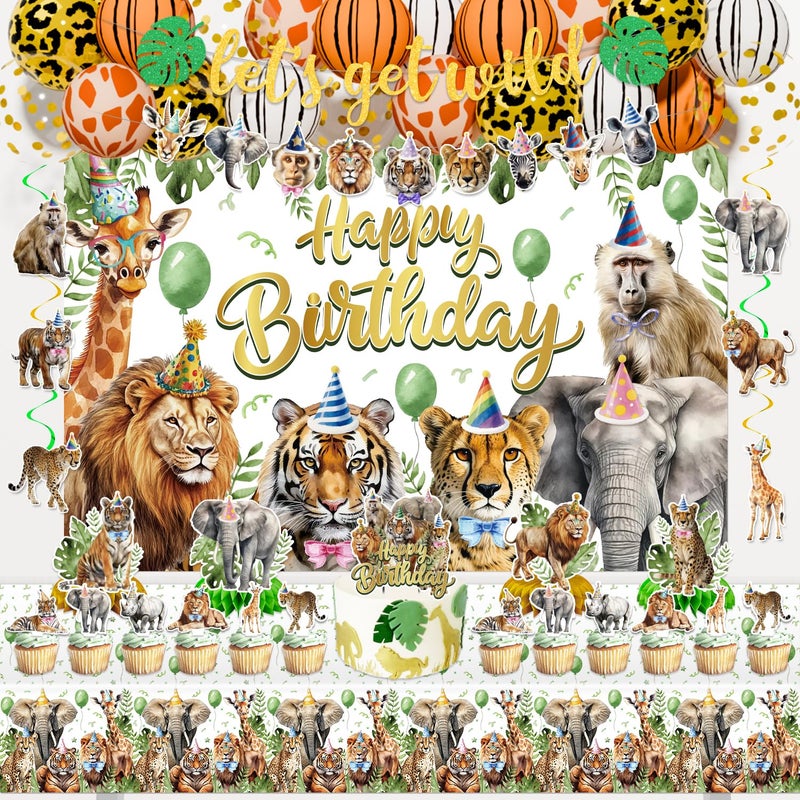 KimaruLZ Safari Birthday Party Decorations Jungle Wild Animals Birthday Party Supplies Decor with Backdrop Banner Balloons Cake Toppers Tablecloth Centerpieces Hanging Swirls - Image 3