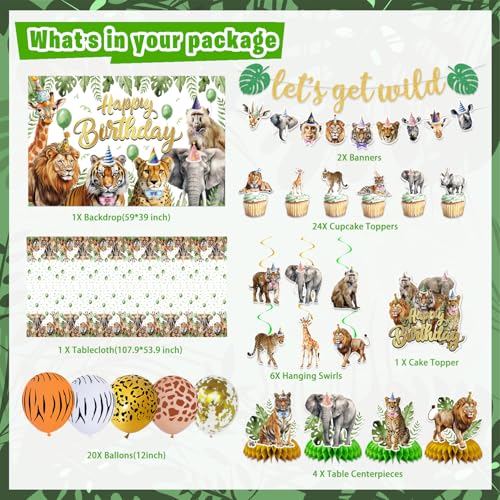 KimaruLZ Safari Birthday Party Decorations Jungle Wild Animals Birthday Party Supplies Decor with Backdrop Banner Balloons Cake Toppers Tablecloth Centerpieces Hanging Swirls - Image 5