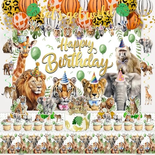 KimaruLZ Safari Birthday Party Decorations Jungle Wild Animals Birthday Party Supplies Decor with Backdrop Banner Balloons Cake Toppers Tablecloth Centerpieces Hanging Swirls - Image 1