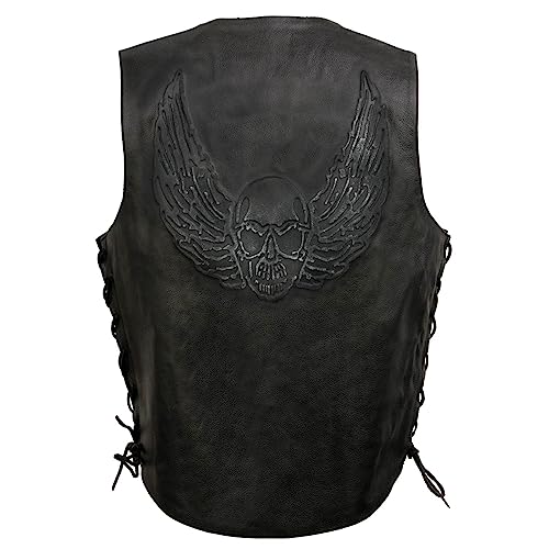 EVENT LEATHER ELM3905 Men's 'Mayhem' 100% Genuine Motorcycle Leather Vest | Biker Vests with Embossed Skull & Wing - Medium - Image 1