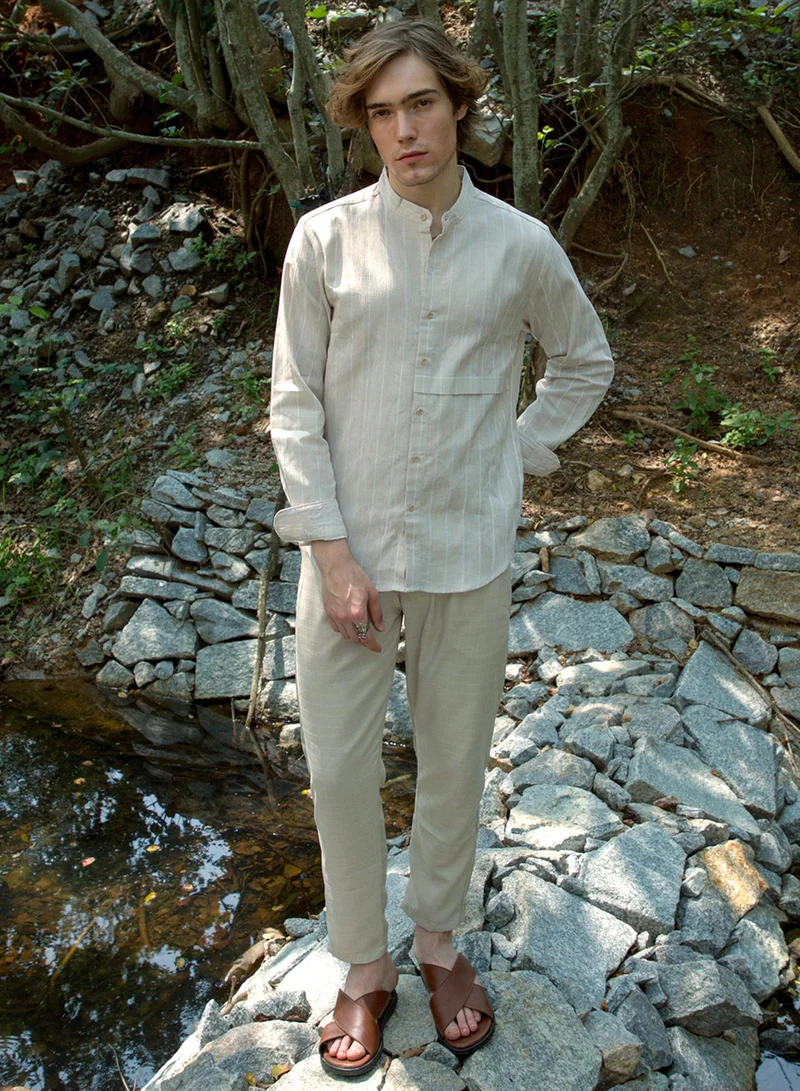 كامبوس سوترا Men's Saltbox Beige Pencil-Striped Shirt