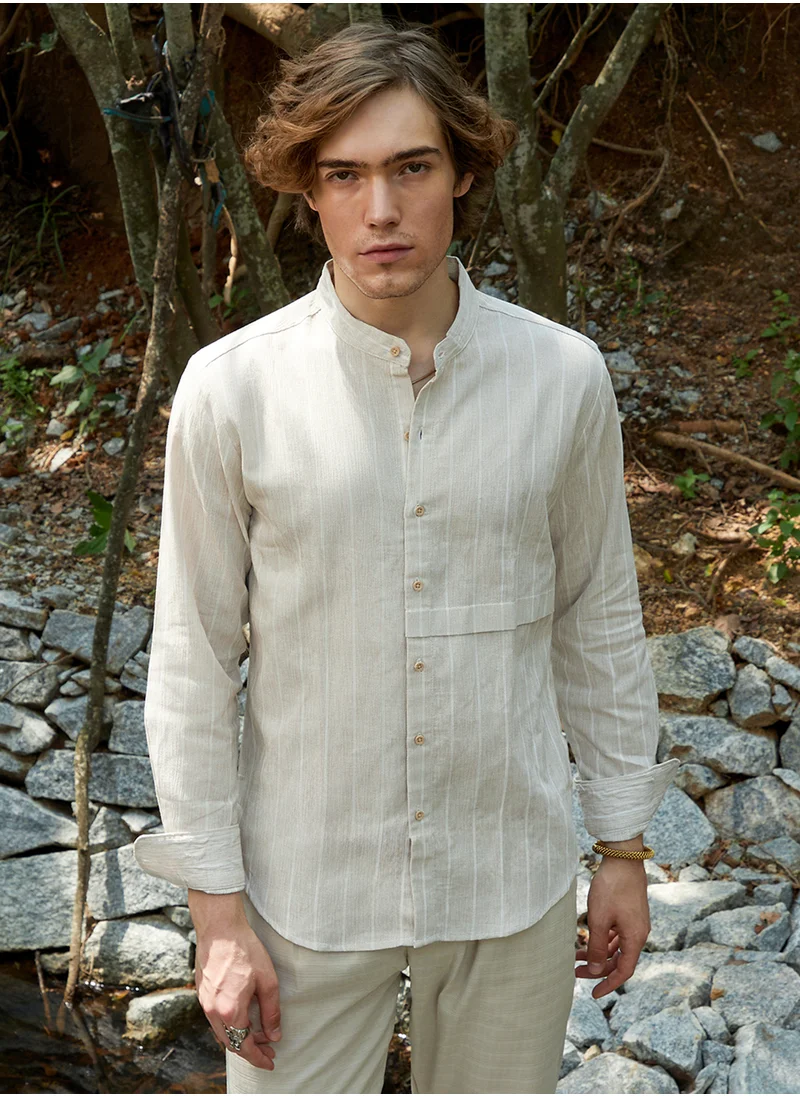 كامبوس سوترا Men's Saltbox Beige Pencil-Striped Shirt