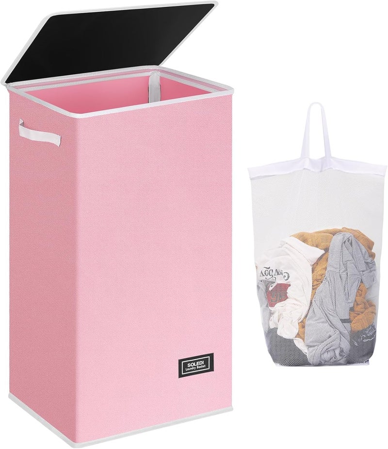 SOLEDI Laundry Hamper with Lid 100L Large  Tall Collapsible Laundry Basket Clothes Hamper with Bag Removable Easy to Carry Dirty Hampers for Bedroom Bathroom Dorm College Pink