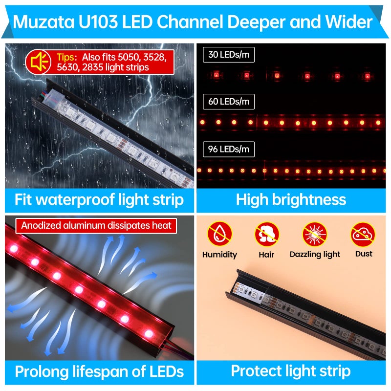 Muzata 10Pack 6.6FT/2M Plus-Size LED Channel Black LED Strip Diffuser Channel with Transparent Smoky Black Cover U103 BB 2M - Image 3