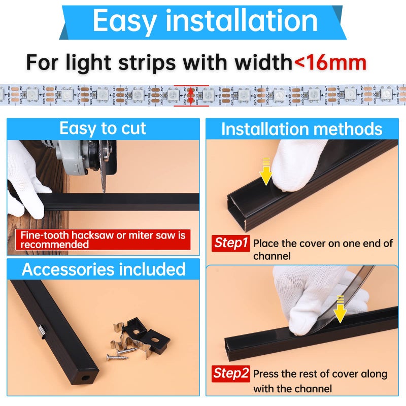 Muzata 10Pack 6.6FT/2M Plus-Size LED Channel Black LED Strip Diffuser Channel with Transparent Smoky Black Cover U103 BB 2M - Image 4