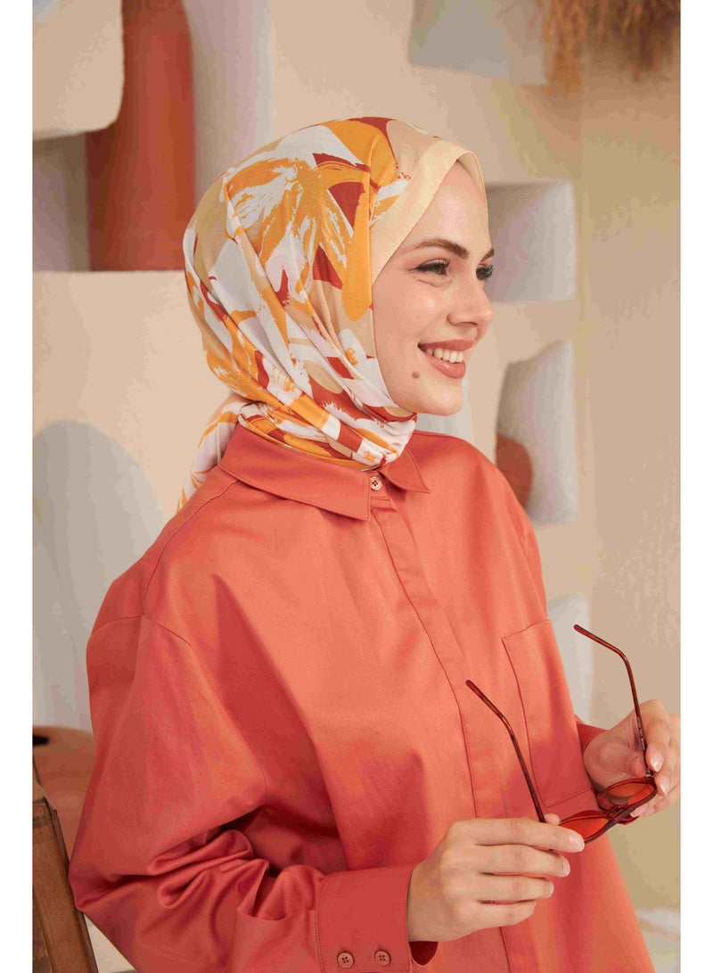 Soft Flowers Cotton-Blend Hijab Shawl in Beige and Orange - Image 1