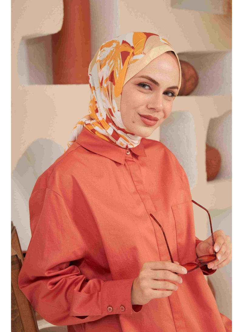 Soft Flowers Cotton-Blend Hijab Shawl in Beige and Orange - Image 3