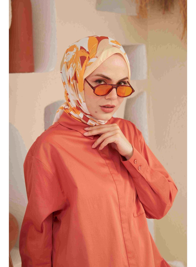 Soft Flowers Cotton-Blend Hijab Shawl in Beige and Orange - Image 5