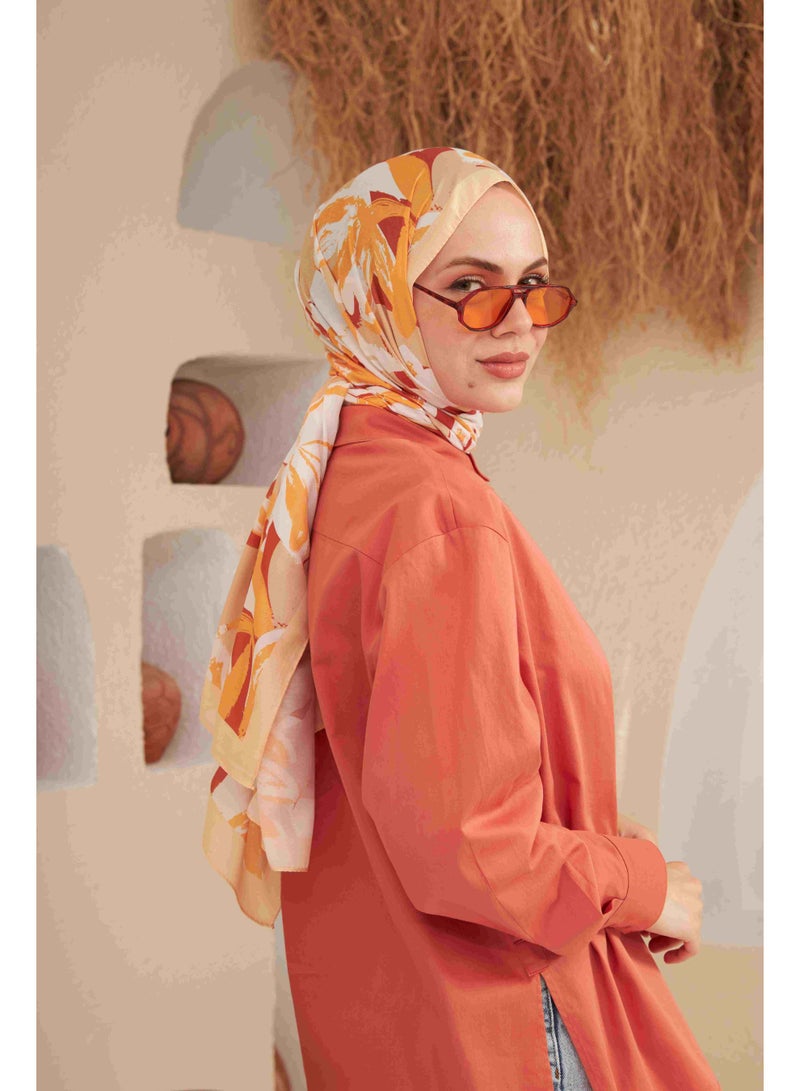 Soft Flowers Cotton-Blend Hijab Shawl in Beige and Orange - Image 2