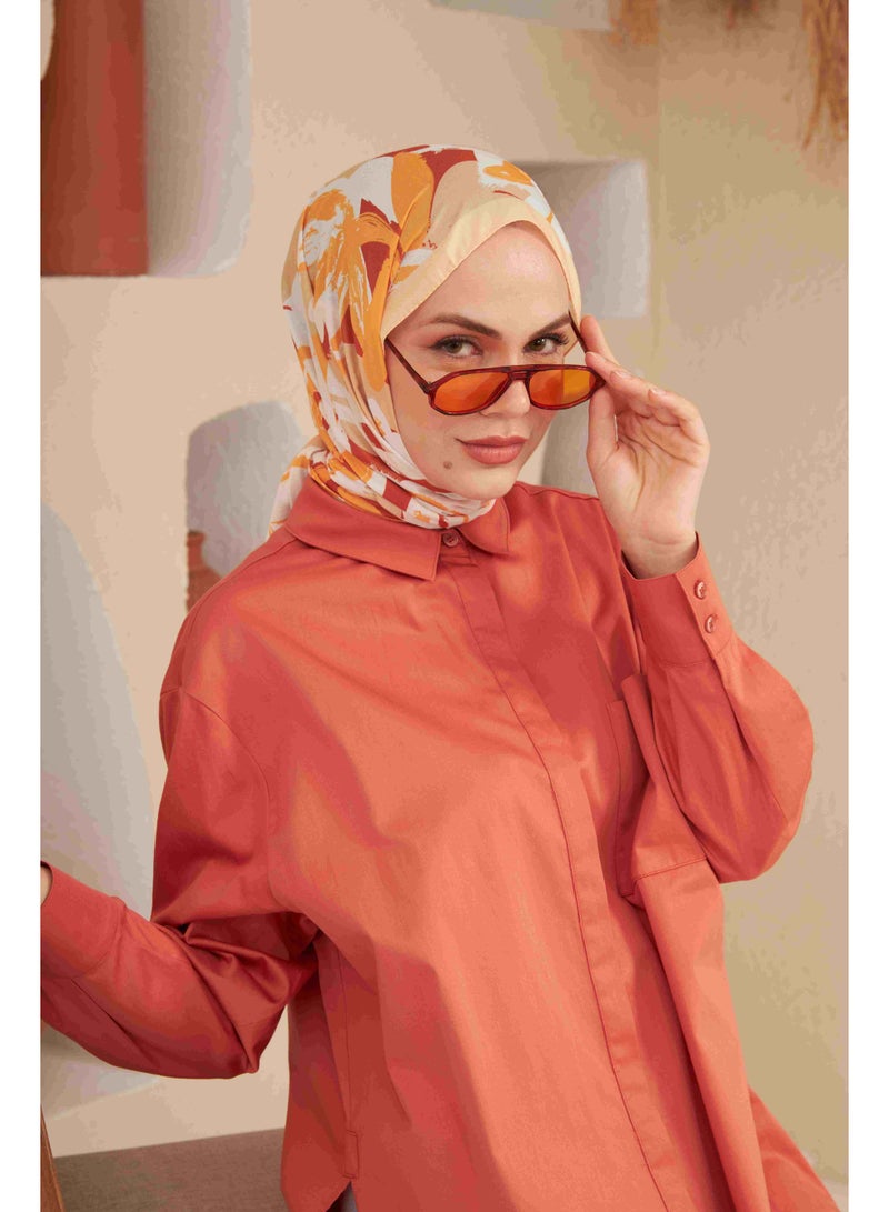 Soft Flowers Cotton-Blend Hijab Shawl in Beige and Orange - Image 4